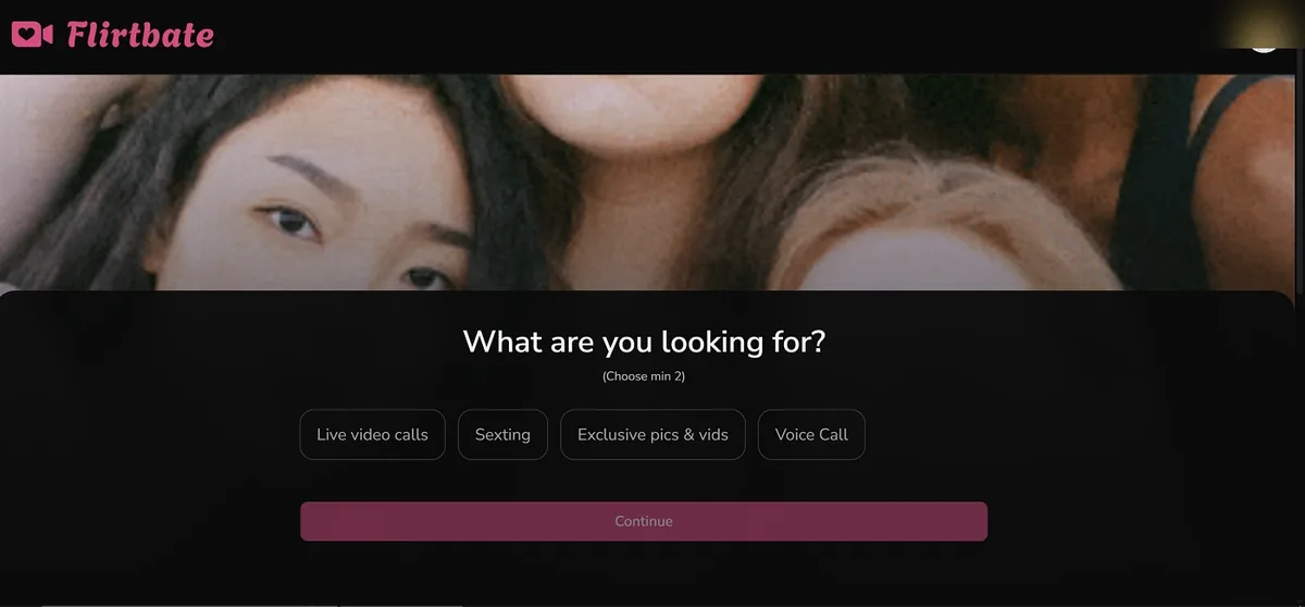 FlirtBate onboarding asking users to choose live video, sexting, exclusive media or voice calls