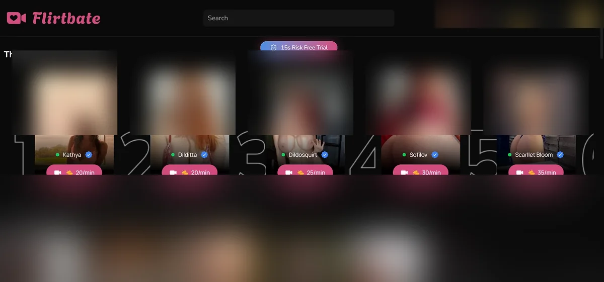 FlirtBate profile browser showing preview badges, filters and credit-per-minute rates