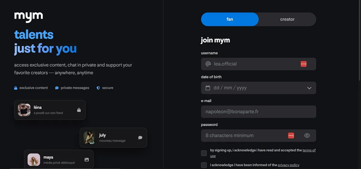 MYM.fans signup screen with separate fan and creator account options
