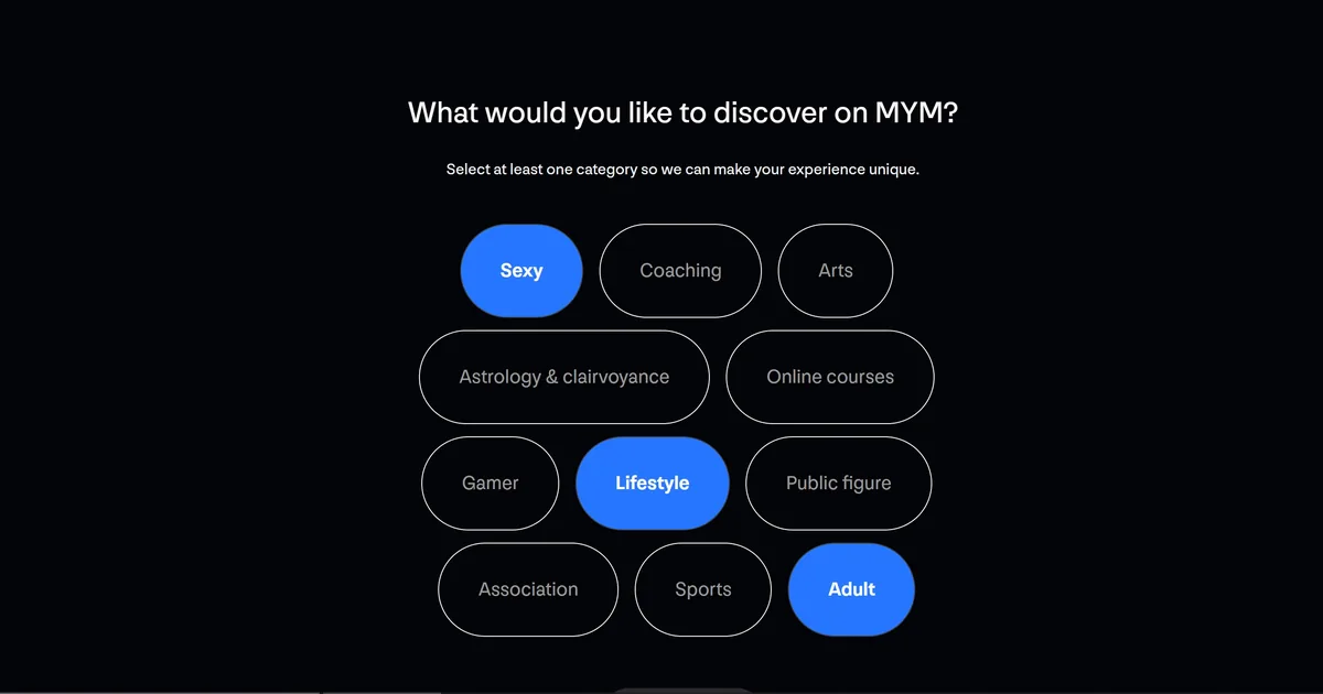 MYM.fans onboarding showing adult, lifestyle, arts, gaming and other discovery categories